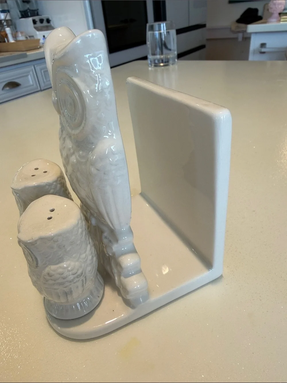 Vintage White Owl Salt and Pepper Set with Napkin Holder